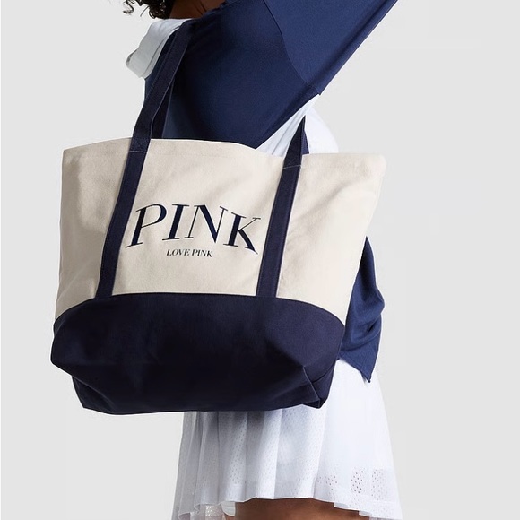 PINK Navy and Cream Canvas Tote And Hat Set - Picture 5 of 8